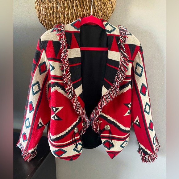 Vintage ITS IN THE BAG Woven Fringed Blanket Jacket Conchos Tassels USA Medium - Picture 1 of 11